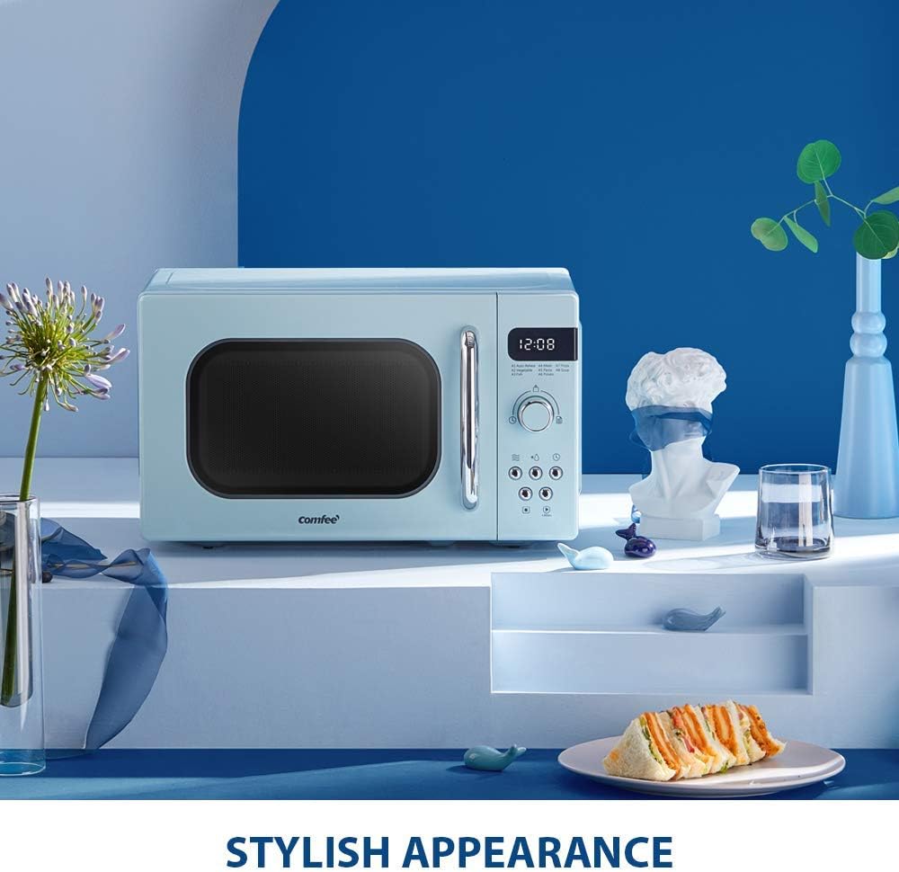 COMFEE Retro Style 800w 20L Microwave Oven with 8 Auto Menus, 5 Cooking Power Levels, and Express Cook Button - Mint Green -CM-M202RAF(GN)