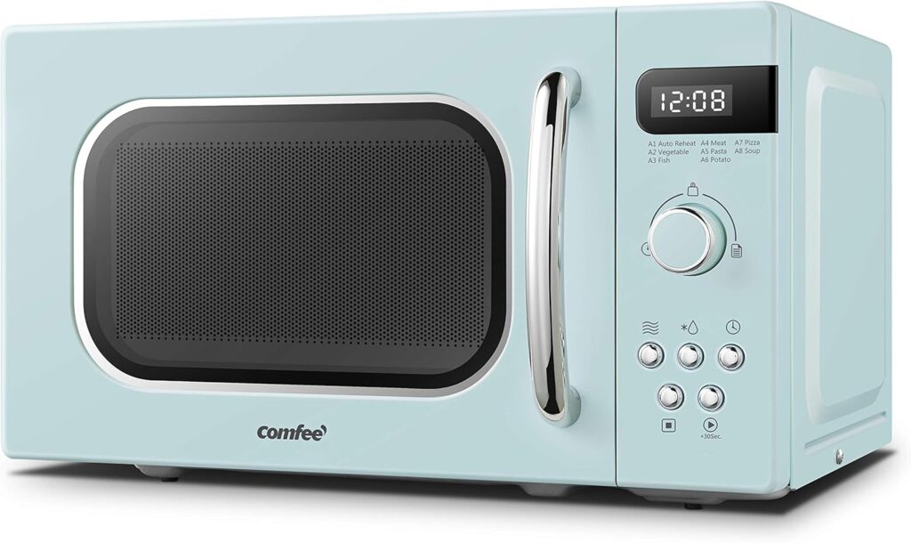 COMFEE Retro Style 800w 20L Microwave Oven with 8 Auto Menus, 5 Cooking Power Levels, and Express Cook Button - Mint Green -CM-M202RAF(GN)
