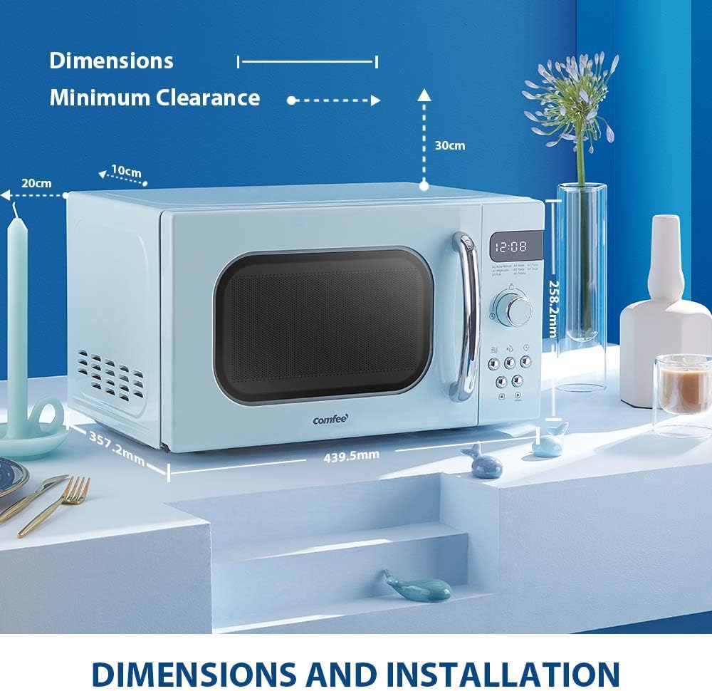 COMFEE Retro Style 800w 20L Microwave Oven with 8 Auto Menus, 5 Cooking Power Levels, and Express Cook Button - Mint Green -CM-M202RAF(GN)