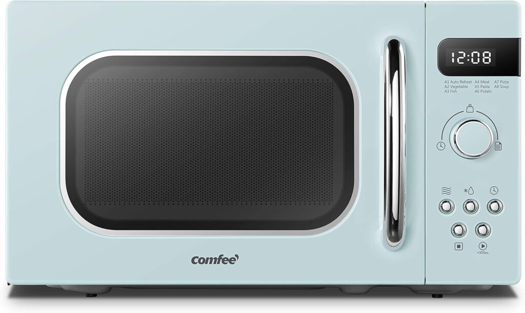 COMFEE Retro Style 800w 20L Microwave Oven with 8 Auto Menus, 5 Cooking Power Levels, and Express Cook Button - Mint Green -CM-M202RAF(GN)