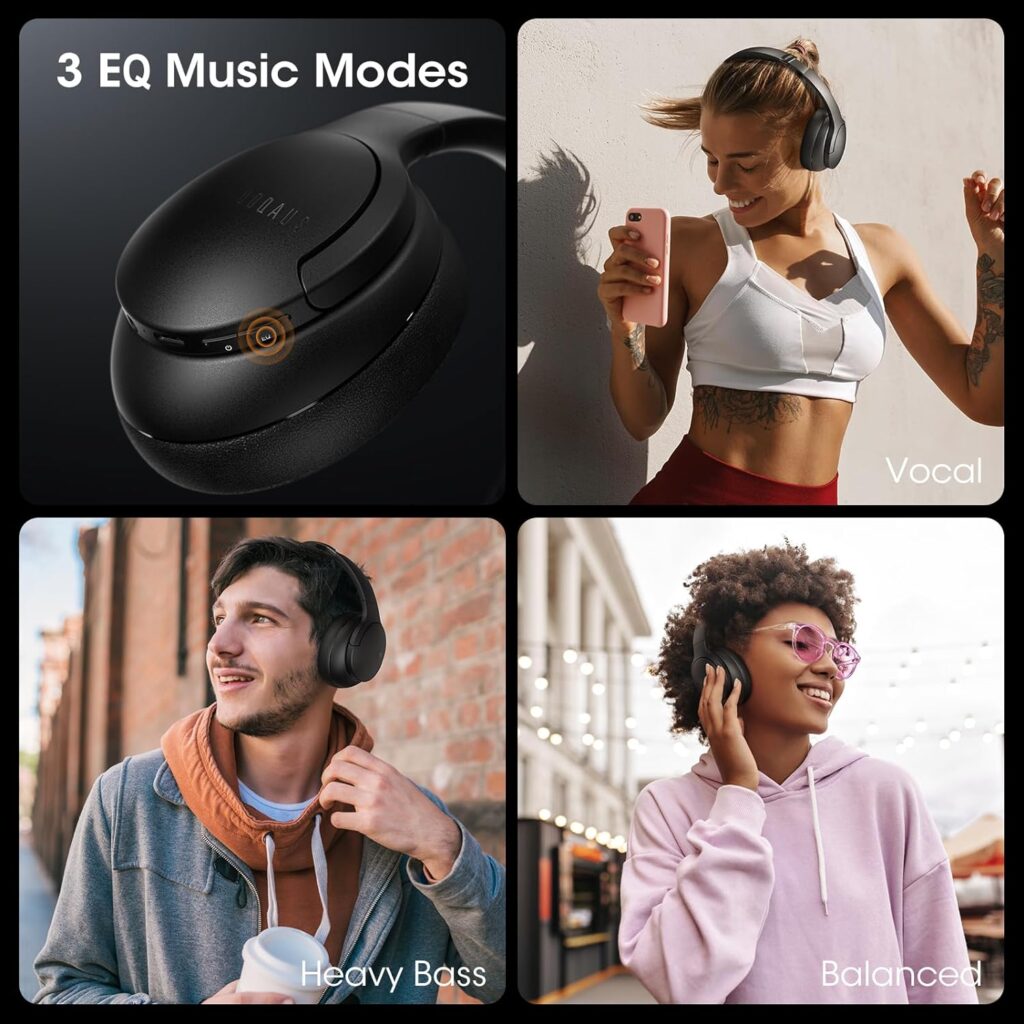 DOQAUS UPGRADED Bluetooth Headphones Over Ear, 90H Playtime Bluetooth 5.3 Wireless Headphones, 3 EQ Modes, HiFi Stereo Bass Sound, Built-in Mic, Memory Protein Earpad, Headphones Wireless for Phone/PC