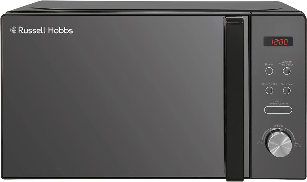 Russell Hobbs RHM2076B 20 Litre 800 W Black Digital Solo Microwave with 5 Power Levels, Automatic Defrost, 8 Auto Cook Menus, Clock  Timer, Easy Clean