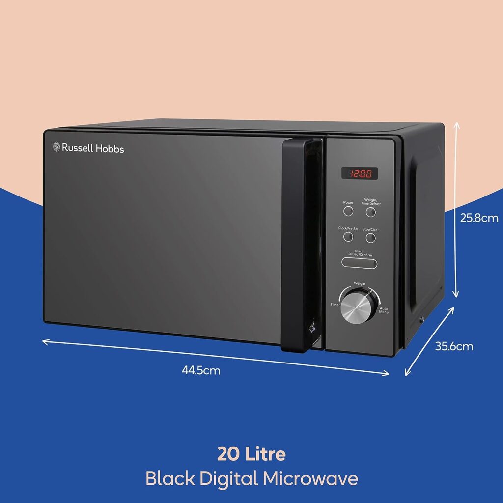 Russell Hobbs RHM2076B 20 Litre 800 W Black Digital Solo Microwave with 5 Power Levels, Automatic Defrost, 8 Auto Cook Menus, Clock  Timer, Easy Clean