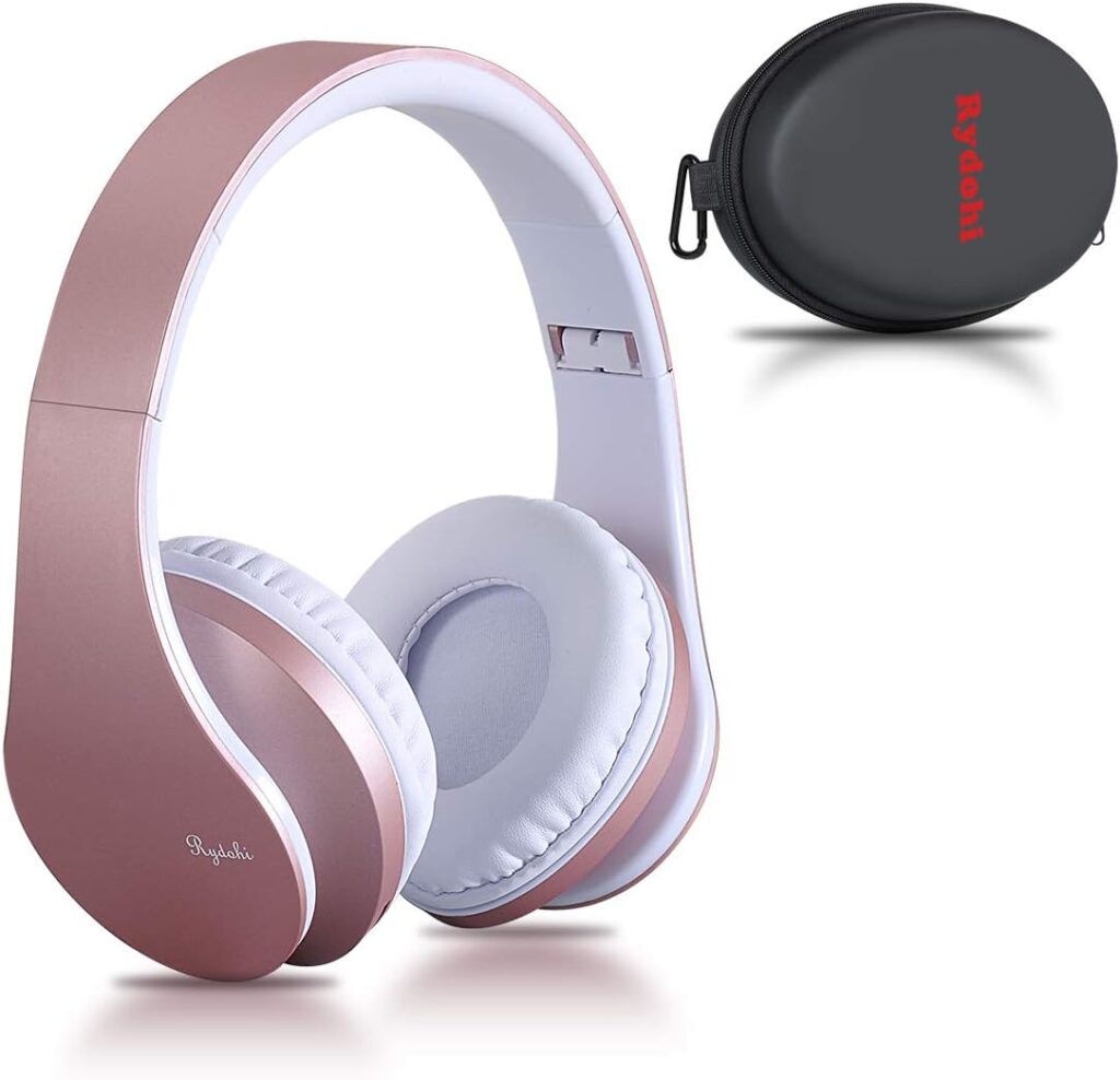 Rydohi Wireless Bluetooth Headphones Over Ear, Hi-Fi Stereo Headset with Deep Bass, Foldable and Lightweight, Wired and Wireless Modes Built in Mic for Cell Phones, TV, PC and Traveling (Rose Gold)